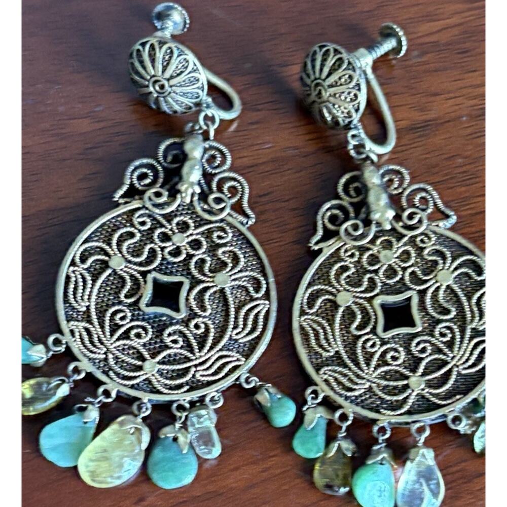 VtG 1930s Chinese Export Coin Filigree Mesh Dangle Green Stone Beads Earrings - Picture 9 of 10
